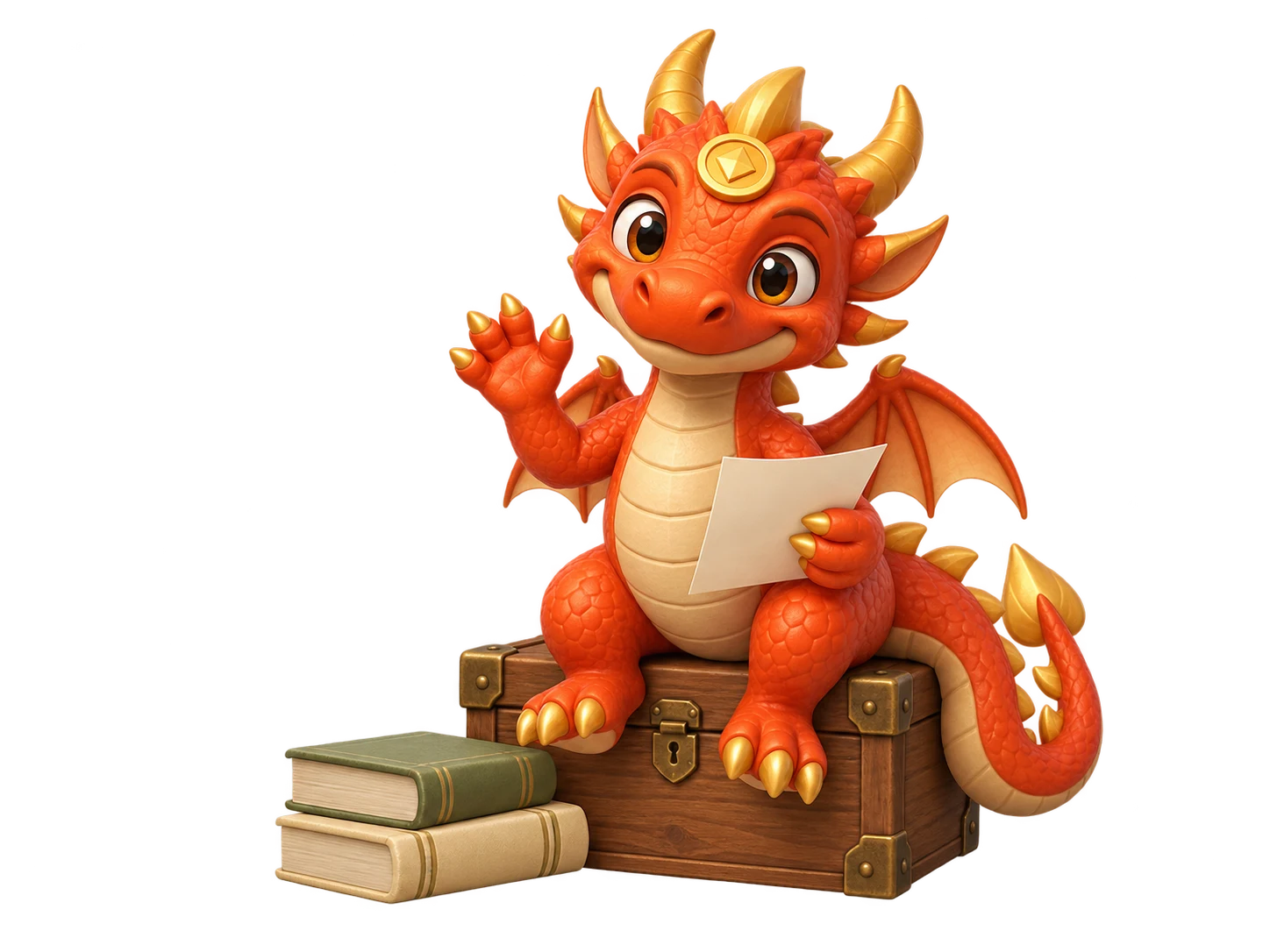 Aurio, nuestra mascota dragón, saluda sentado en un baúl, junto a una hoja y dos libros