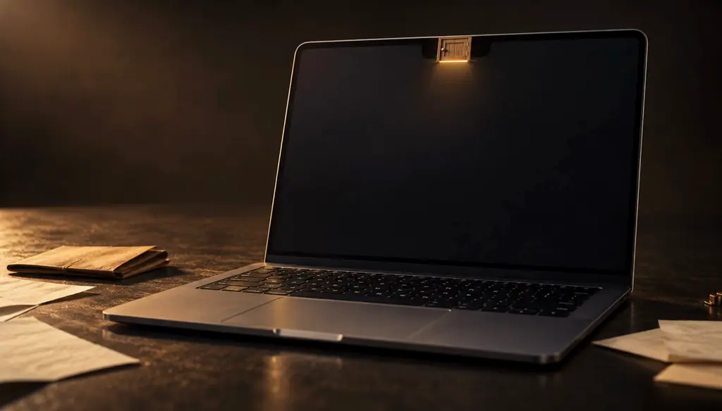 Un Mac con una pequeña puerta de madera iluminada en el notch